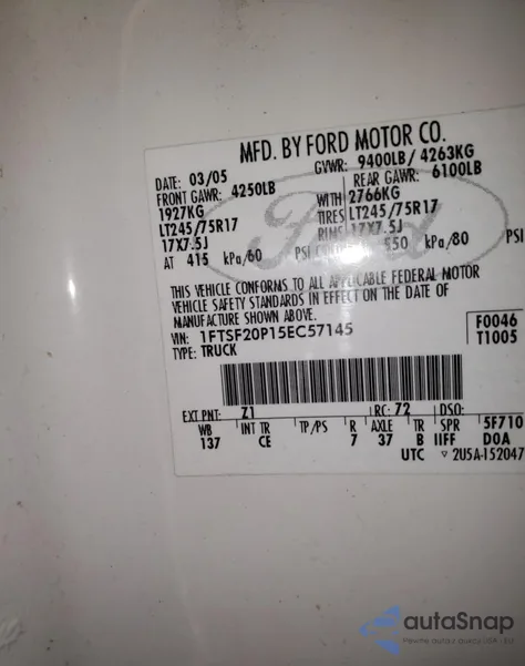 2005 Ford F250 Super Duty z USA, uszkodzony, nr VIN 1FTSF20P15EC57145